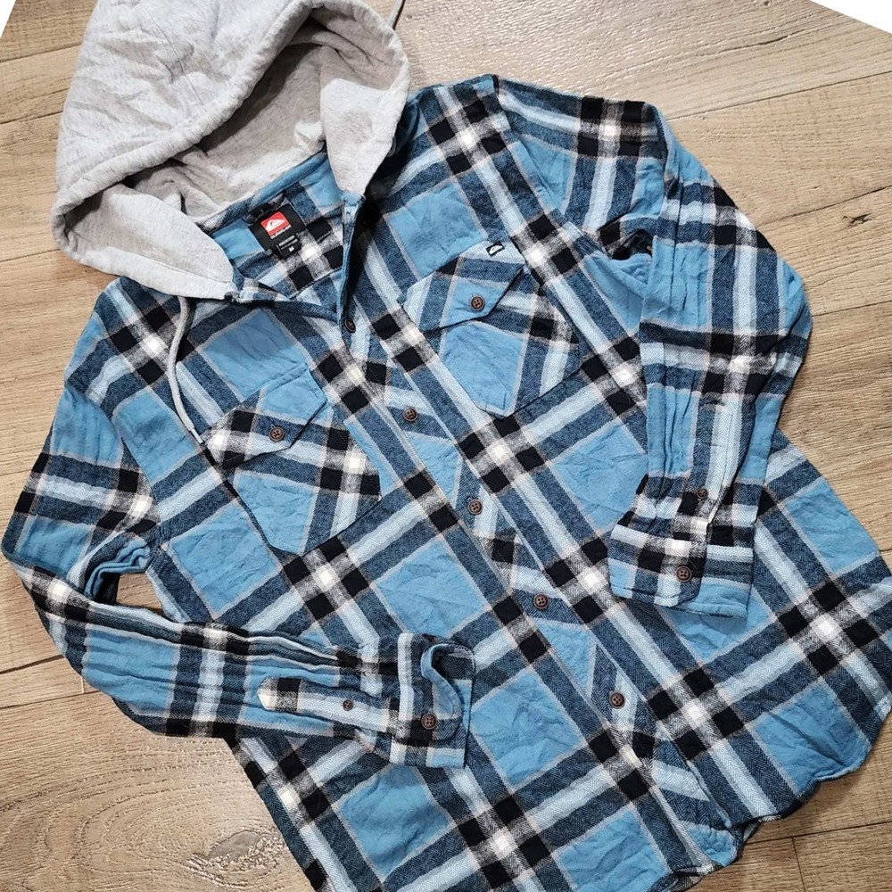 Quiksilver Mens Hooded Flannel Shirt Blue Black Plaid Button Up Size M